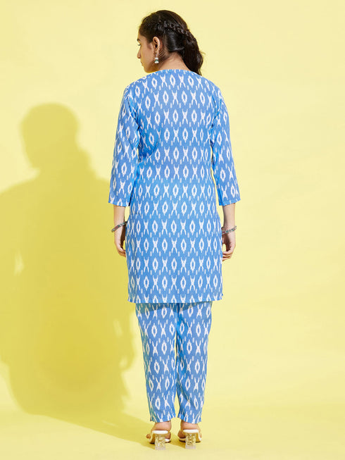 Girl's' Aqua Blue Kurta And Straight Pant Set
